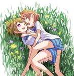  ;d ^_^ bare_legs bow brown_hair closed_eyes field hair_bow hoshizora_rin hug hug_from_behind koizumi_hanayo love_live! love_live!_school_idol_project lying multiple_girls on_side one_eye_closed open_mouth otonokizaka_school_uniform purple_eyes school_uniform shipii_(jigglypuff) short_hair side_ponytail smile spooning topknot yuri 