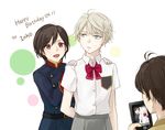  2boys aldnoah.zero amifumi_inko amifumi_inko_(cosplay) androgynous black_hair cellphone cosplay costume_switch crossdressing green_eyes kaizuka_inaho multiple_boys phone purple_eyes silver_hair slaine_troyard slaine_troyard_(cosplay) smartphone xsinon 