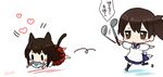  :3 akagi_(kantai_collection) all_fours animal_ears artist_name blue_skirt brown_eyes brown_hair cat_ears cat_tail chibi fish fish_in_mouth food_in_mouth heart kaga_(kantai_collection) kantai_collection kemonomimi_mode ladle mirakururu multiple_girls pleated_skirt red_skirt short_hair side_ponytail simple_background skirt tail translated whiskers white_background ||_|| 