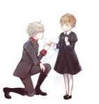  aldnoah.zero bangs blue_eyes blush boots braid brown_hair closed_eyes dress eddelrittuo long_hair lowres pantyhose pinky_swear short_hair silver_hair slaine_troyard smile xsinon 