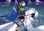  bad_id bad_pixiv_id black_gloves blue_hair cherry_blossoms closed_eyes gloves japanese_clothes male_focus mikazuki_munechika multiple_boys obo partially_submerged petals silver_hair touken_ranbu translation_request tree tsurumaru_kuninaga twitter_username water 