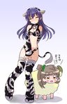  animal_ears animal_print arm_warmers bangs bikini blue_hair blush bow choker covering covering_crotch cow_ears cow_girl cow_print cow_tail embarrassed hair_bow hairband leg_warmers looking_at_viewer love_live! love_live!_school_idol_project minami_kotori multiple_girls one_side_up paw_shoes sheep shipii_(jigglypuff) shoes sonoda_umi swimsuit tail translation_request yellow_eyes 
