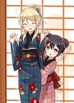  absurdres alternate_hairstyle arms_up ayase_eli black_hair blonde_hair blush clenched_hands closed_eyes commentary_request double_bun floral_print flower flying_sweatdrops hair_bun hair_flower hair_ornament highres japanese_clothes kimono love_live! love_live!_school_idol_festival love_live!_school_idol_project multiple_girls obi red_eyes sash shipii_(jigglypuff) toujou_nozomi when_you_see_it yazawa_nico 