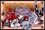  2girls anger_vein animal_ears annoyed bow braid cat_ears cat_tail eyeball fang hair_bow hairband heart hug kaenbyou_rin komeiji_satori laughing multiple_girls multiple_tails one_eye_closed open_mouth purple_hair red_eyes red_hair ribbon short_hair suenari_(peace) tail third_eye touhou twin_braids 