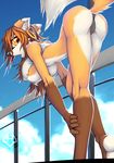  2015 amber_eyes anthro big_breasts big_butt black_nose breasts brown_fur butt canine clothed clothing cloud ear_piercing female fox fur hi_res hindpaw looking_back macmegagerc mammal open_mouth orange_fur outside panties paws piercing shirt skimpy sky solo torn_clothing under_boob underwear white_fur 