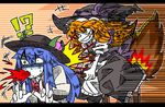  !? 2girls blonde_hair blood blood_from_mouth blue_hair bow braid broom broom_riding food fruit grin hair_bow hat hinanawi_tenshi kirisame_marisa long_hair multiple_girls peach red_eyes ribbon smile suenari_(peace) sword_of_hisou touhou witch_hat yellow_eyes 