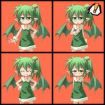  1girl arms_behind_back blush closed_eyes expressions flat_chest green_eyes green_hair grin hand_on_hip hands_on_hips kso looking_at_viewer short_hair side_ponytail simple_background smile wings 