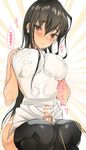  1girl apron bar_censor black_hair black_legwear blush breasts censored earrings erect_nipples erection futanari jewelry large_breasts long_hair original panties penis penis_ribbon rand_(artist) red_eyes text thighhighs underwear white_panties 