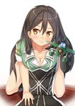  blush breasts brown_eyes brown_hair chikuma_(kantai_collection) cleavage elbow_gloves gloves highres kantai_collection long_hair medium_breasts no_panties pelvic_curtain remodel_(kantai_collection) ryouya seaplane side_slit single_elbow_glove single_glove smile solo 