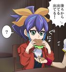  ? blue_hair bow eating etopirika food green_eyes hair_bow hamburger jacket multicolored_hair serena_(yuu-gi-ou_arc-v) solo_focus two-tone_hair yuu-gi-ou yuu-gi-ou_arc-v 