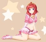  choker crop_top high_heels jewelry looking_at_viewer love_live! love_live!_school_idol_project mary_janes midriff music_s.t.a.r.t!! navel necklace nishikino_maki purple_eyes red_hair shoes short_hair skirt socks solo star starry_background tiara utomo 