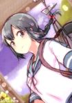  2015 black_hair braid brown_eyes dated hair_ribbon isonami_(kantai_collection) kantai_collection long_hair looking_at_viewer ribbon school_uniform serafuku shinryou_rei smile solo twitter_username 