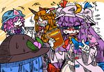  4girls bandage blue_eyes blue_hair blush book bow chains crescent drunk eyes_closed food fruit grin hair_bow hat hinanawi_tenshi horns ibuki_suika japanese_clothes long_hair multiple_girls open_mouth orange_hair patchouli_knowledge peach pink_hair pointing purple_hair ribbon saigyouji_yuyuko sharp_teeth short_hair smile suenari_(peace) sweat teeth tired touhou triangular_headpiece 