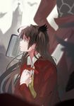 1girl archer black_hair brown_hair fate/stay_night fate_(series) green_eyes hair_ribbon jacket red_jacket ribbon tears terric toosaka_rin two_side_up 