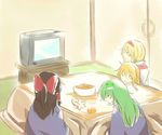  alice_margatroid black_hair blonde_hair blue_eyes blush bow braid capelet couple food fruit green_hair hair_bow hairband hakurei_reimu kirisame_marisa klent kochiya_sanae kotatsu long_hair mandarin_orange multiple_girls no_hat no_headwear short_hair side_braid sitting sleeping table touhou watching_television yellow_eyes 