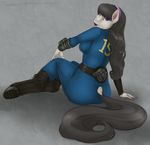  2015 anthro big_butt black_hair butt clothed clothing equine fallout female footwear fur grey_fur hair hairband hooves horse jumpsuit long_hair looking_at_viewer makeup mammal nails phathusa pink_eyes red_lips shoes sitting smile solo 