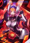  alternate_costume breasts citemer cleavage dj dj_sona gloves headphones highres large_breasts latex_dress league_of_legends long_hair looking_at_viewer orange_hair pink_eyes smile solo sona_buvelle twintails 