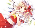  blonde_hair bow finger_in_mouth flandre_scarlet hat hat_bow looking_at_viewer lying midriff mob_cap mochizuki_shiina navel on_back puffy_short_sleeves puffy_sleeves red_eyes shirt short_sleeves side_ponytail skirt skirt_set solo touhou vest wings 