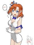  2girls ardi blue_eyes breasts cleavage cosplay dungeon_ni_deai_wo_motomeru_no_wa_machigatteiru_darou_ka hestia_(danmachi) kousaka_honoka love_live!_school_idol_project minami_kotori monochrome multiple_girls nosebleed orange_hair rei_no_himo ribbon side_ponytail solo_focus 