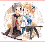  :d ^_^ ahoge animal_ears ascot bandaid bandaid_on_face bandaid_on_finger bangs black_legwear black_skirt blonde_hair blue_skirt closed_eyes collar eyepatch fang floral_background fox_ears fox_tail glasses grey_hair hair_ornament hairclip heterochromia ikari_(aor3507) looking_at_viewer multiple_girls no_shoes open_mouth original pantyhose petals red-framed_eyewear red_eyes ribbon school_uniform serafuku sheath sheathed short_hair skirt sleeves_past_wrists smile sword tail thighhighs twintails weapon yellow_eyes 