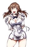  :d blush breasts brown_eyes brown_hair cleavage cleavage_cutout cosplay cowboy_shot deel_(rkeg) dress dungeon_ni_deai_wo_motomeru_no_wa_machigatteiru_darou_ka gloves hair_ribbon hestia_(danmachi) hestia_(danmachi)_(cosplay) highres idolmaster idolmaster_cinderella_girls large_breasts long_hair low_twintails open_mouth rei_no_himo ribbon short_dress smile solo totoki_airi twintails white_dress white_gloves 