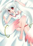  androgynous animal_ears arms_up bare_legs bed_sheet catstudioinc_(punepuni) convenient_leg grey_hair highres holding_ears kyubey looking_at_viewer mahou_shoujo_madoka_magica no_pants panties panty_pull personification red_eyes red_panties sleeveless solo underwear wing_collar 