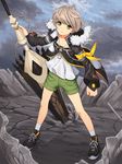  aaa bad_id bad_pixiv_id brown_hair closers cloud cloudy_sky green_eyes hood hooded_jacket jacket mistilteinn_(closers) shoes shorts sky sneakers solo sword weapon 