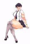  breasts brown_eyes curvy earrings female full_body hat high_heels jewelry large_breasts lip_piercing lips long_hair looking_at_viewer mimimoon muscle necktie piercing pink_hair sitting skirt solo thick_thighs 