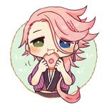  :i ayu_(mog) bad_id bad_pixiv_id blue_eyes blush chibi doughnut eating eyes_visible_through_hair food food_on_face green_eyes heterochromia japanese_clothes jewelry long_hair lowres male_focus pink_hair single_earring solo souza_samonji touken_ranbu 