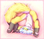  anthro blush canine chest_tuft claws female flat_chested fluffy_tail fox fur hair hazukikai hindpaw kemono mammal markings navel nude open_mouth pawpads paws pink_background plain_background pussy silver_hair socks_(marking) solo teal_eyes tuft upside_down white_fur yellow_fur young 