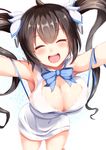  :d ^_^ ahoge armpits black_hair blue_bow blue_ribbon blush bow breasts brown_hair cleavage cleavage_cutout closed_eyes covered_navel dress dungeon_ni_deai_wo_motomeru_no_wa_machigatteiru_darou_ka facing_viewer hair_ornament happy hestia_(danmachi) highres igakusei large_breasts leaning_forward long_hair open_mouth rei_no_himo ribbon skindentation smile solo textless twintails white_dress 