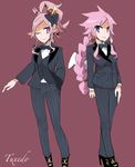  2girls artina_(disgaea) blue_eyes braid breasts crown disgaea high_heels makai_senki_disgaea_4 makai_senki_disgaea_5 multiple_girls pink_hair pointy_ears reverse_trap seraphina_(disgaea) tuxedo usamasuku wings wink 