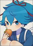  ayu_(mog) bad_id bad_pixiv_id black_border blue_eyes blue_hair border food fruit japanese_clothes kimono looking_at_viewer male_focus persimmon sayo_samonji sitting solo touken_ranbu 