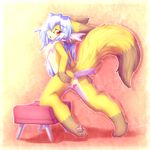  &lt;3 anthro blush butt canine censored chest_tuft claws female flat_chested fox fur hair hazukikai hindpaw kemono long_hair mammal markings nude pawpads paws presenting presenting_hindquarters pussy raised_tail rear_view red_eyes silver_hair socks_(marking) solo tuft white_fur yellow_fur young 