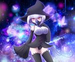  black_legwear bug butterfly chandelure detached_sleeves gen_5_pokemon hat highres insect personification pokemon red_eyes shiratsuki solo white_hair witch_hat 