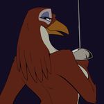  2014 animalympics anthro avian beak bedroom_eyes bird breasts brown_feathers contessa female half-closed_eyes holding_weapon looking_at_viewer looking_back nude plain_background purple_background queblock rear_view solo sword weapon 