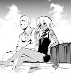  1girl black_rock_shooter collar dark_skin demon_tail eating food greyscale ice_cream m-da_s-tarou monochrome partially_submerged popsicle short_hair sitting sketch strength_(black_rock_shooter) sweat tail towel towel_around_neck 