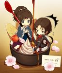  29/30 2boys alternate_eye_color anmitsu_(dessert) apple apple_slice black_hair blue_eyes bowl brown_eyes brown_hair cherry cherry_blossoms chibi flower food fruit highres in_bowl in_container in_food japanese_clothes kashuu_kiyomitsu male_focus miniboy multiple_boys ponytail pun scarf shinsengumi spoon touken_ranbu translation_request whipped_cream yamato-no-kami_yasusada 