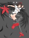  arm_behind_head bad_id bad_pixiv_id black_hair black_legwear black_skirt black_wings breasts bursting_breasts collared_shirt feathered_wings feathers frilled_skirt frills full_body geta grey_background hat large_breasts long_legs looking_at_viewer miniskirt moya-shi neck_ribbon no_bra outstretched_arm panties pink_panties puffy_short_sleeves puffy_sleeves red_eyes ribbon shameimaru_aya shirt shoelaces short_hair short_sleeves simple_background skirt smile solo taut_clothes taut_shirt tengu-geta thighhighs tokin_hat touhou underwear white_shirt wings 