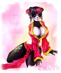  2015 anthro bear big_breasts breasts cleavage clothed clothing female japanese_clothing kimono mammal panda purple_eyes solo striped_hair tatara94 tattoo 