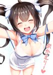  :d ^_^ ahoge armpits black_hair blue_bow blue_ribbon blush bow breasts brown_hair cleavage cleavage_cutout closed_eyes covered_navel dress dungeon_ni_deai_wo_motomeru_no_wa_machigatteiru_darou_ka facing_viewer hair_ornament happy heart hestia_(danmachi) highres igakusei incoming_hug large_breasts leaning_forward long_hair open_mouth outstretched_arms rei_no_himo ribbon skindentation smile solo translated twintails white_dress 