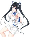  black_hair blue_eyes blue_ribbon blush breasts cleavage dungeon_ni_deai_wo_motomeru_no_wa_machigatteiru_darou_ka gloves hair_ribbon hand_on_hip hestia_(danmachi) highres large_breasts long_hair looking_at_viewer minami_machi rei_no_himo ribbon solo transparent_background twintails white_gloves 