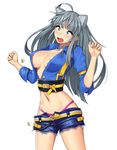  aaa ahoge animal_ears bad_id bad_pixiv_id bikini_bottom blue_eyes breasts bursting_breasts cat_ears character_request closers cutoffs d: denim denim_shorts fang grey_hair jewelry large_breasts long_hair midriff navel necklace no_bra open_clothes open_fly open_mouth open_shirt popped_button shirt short_shorts shorts solo unzipped wardrobe_malfunction white_background 