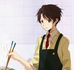  aldnoah.zero apron brown_eyes brown_hair chopsticks cooking food kaizuka_inaho male_focus parted_lips solo stirring tsukimori_usako 