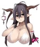  antenna_hair bandages blush breasts danua draph fingerless_gloves gloves granblue_fantasy hair_between_eyes horn_ornament horns huge_breasts jewelry long_hair moru_(monaka) necklace pointy_ears red_eyes shaded_face solo upper_body 