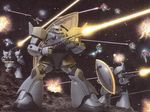  battle explosion firing gelgoog gelgoog_cannon gm_(mobile_suit) gun gundam mobile_suit_gundam rick_dom shield space weapon 