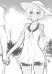  1girl :/ bag bangs bare_shoulders bike_shorts black_rock_shooter blush bow breasts clock cloud couple cowboy_shot dark_skin dress embarrassed frown greyscale hair_between_eyes hat hat_bow hetero holding_hands looking_at_viewer m-da_s-tarou monochrome nose_blush out_of_frame outdoors ribbon short_dress short_hair shorts_under_dress sketch sky small_breasts solo_focus standing strength_(black_rock_shooter) sun_hat sweat tree 
