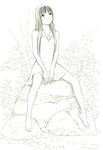  barefoot dress jewelry long_hair looking_away monochrome necklace original rock sitting sitting_on_rock sketch solo traditional_media v_arms yoshitomi_akihito 