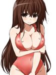  akagi_(kantai_collection) breasts brown_eyes brown_hair cleavage covered_nipples front_zipper_swimsuit huge_breasts kantai_collection long_hair meme_attire naitou_kouse one-piece_swimsuit solo swimsuit 