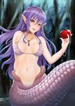  apple bikini_top bracelet breasts earrings food forest fruit holding jewelry lamia long_hair medium_breasts monster_girl nature navel norte open_mouth original pendant pointy_ears purple_hair red_eyes sitting smile solo 